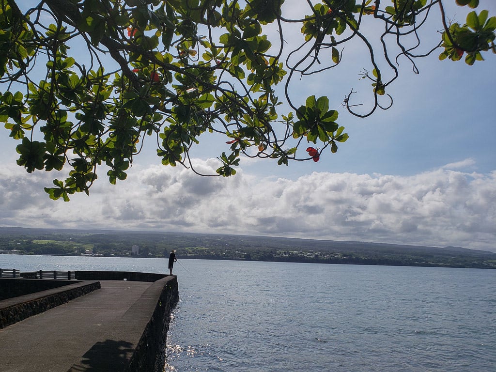 fishing off pier at Liliuokalani Park in hilo