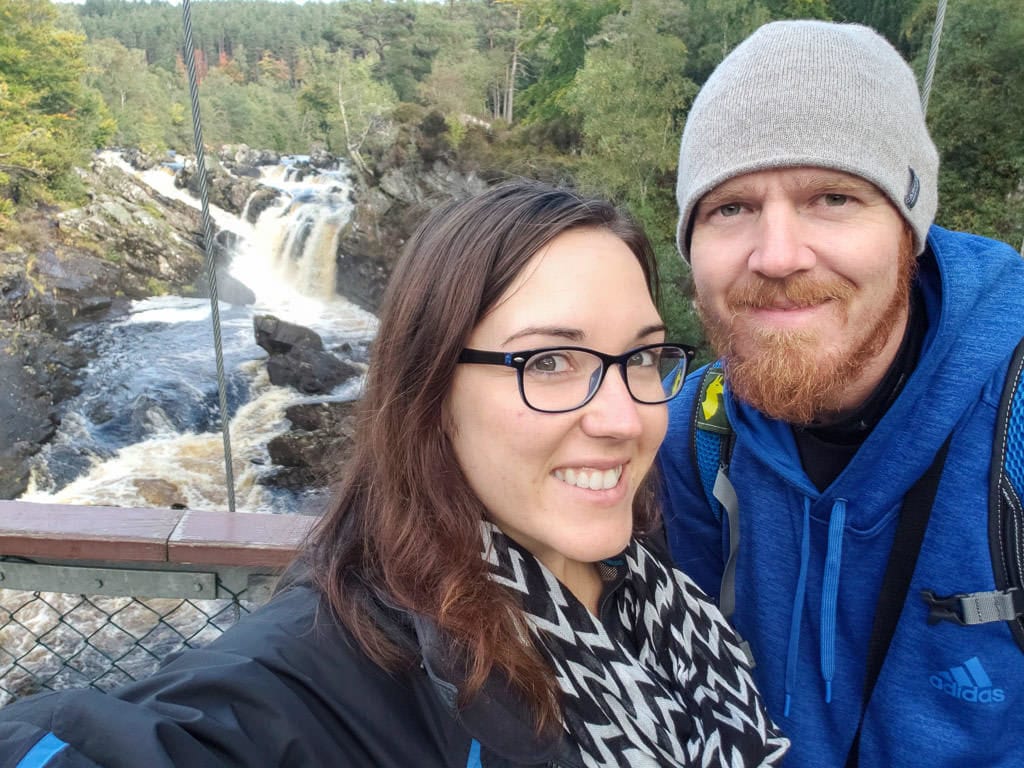 Brooke and Buddy at the bridge that goes over Rogie Falls, one of the waterfalls near Inverness