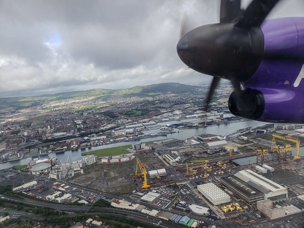 propeller of our FlyBe plane from Belfast Northern Ireland to Inverness Scotland to end our 5-day Ireland Road Trip