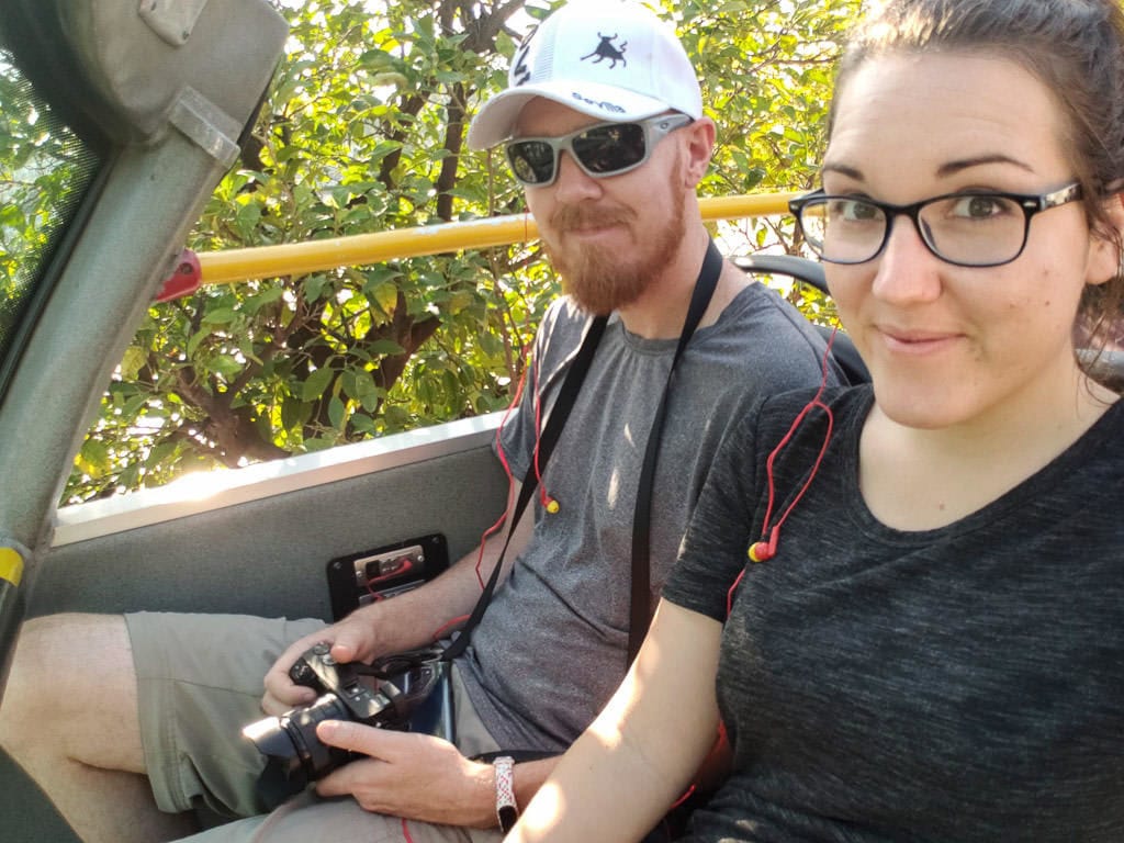 Brooke and Buddy on the open-air Sightseeing Bus in Seville