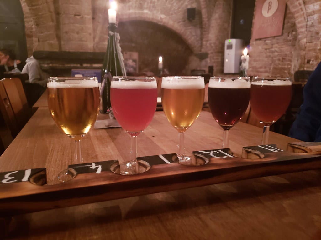 beer tasting tray at le trappiste in bruges belgium