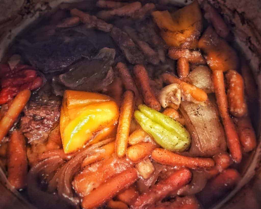 Finished pot roast with onions and peppers