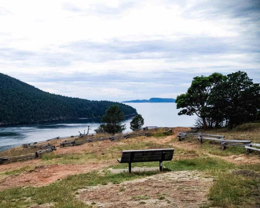 Washington Park Loop view from bench of another green treed island, Fidalgo Island, Anacortes, Washington