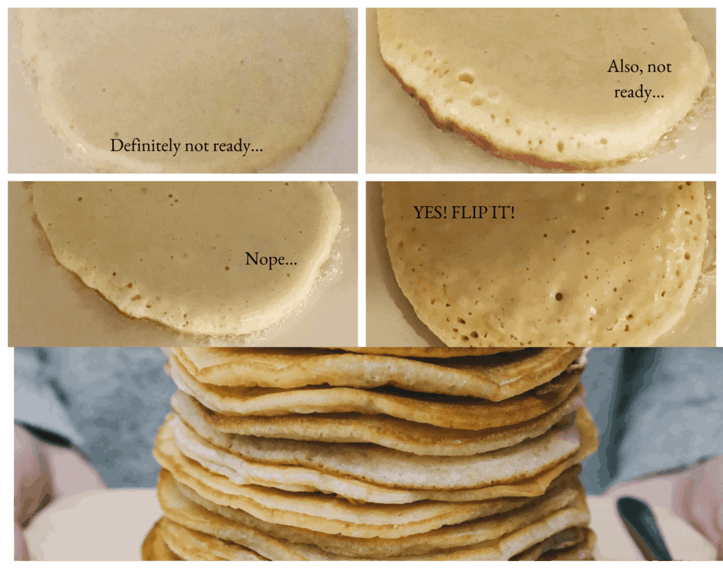 How to Make Pancakes - When is a pancake ready to flip? - illustrates that bubbles should be present across entire pancake surface, center ones just beginning to form, before flipping.