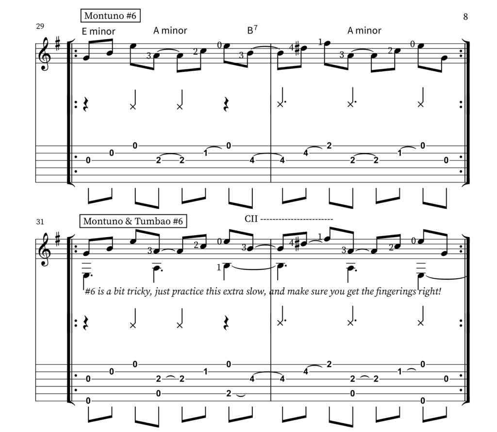 Montuno and Montuno with tumbao, page 8 with TAB chords E min, Am, B7, Amin, 2-3 mambo clave