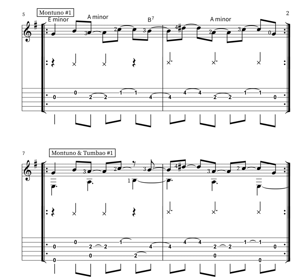 Montuno and Montuno with tumbao, page 2 with TAB chords E min, Am, B7, Amin, 2-3 mambo clave