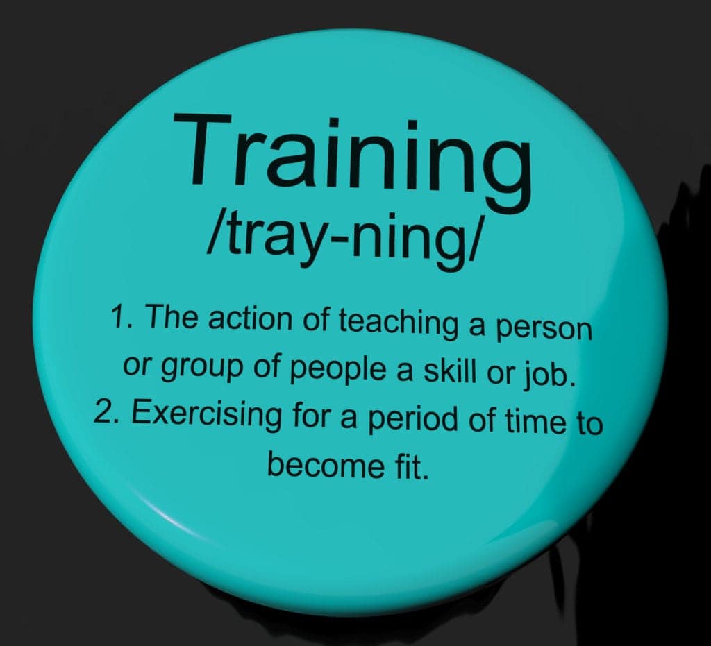 Green button with “Training” definition, symbolizing learning, coaching, or personal development
