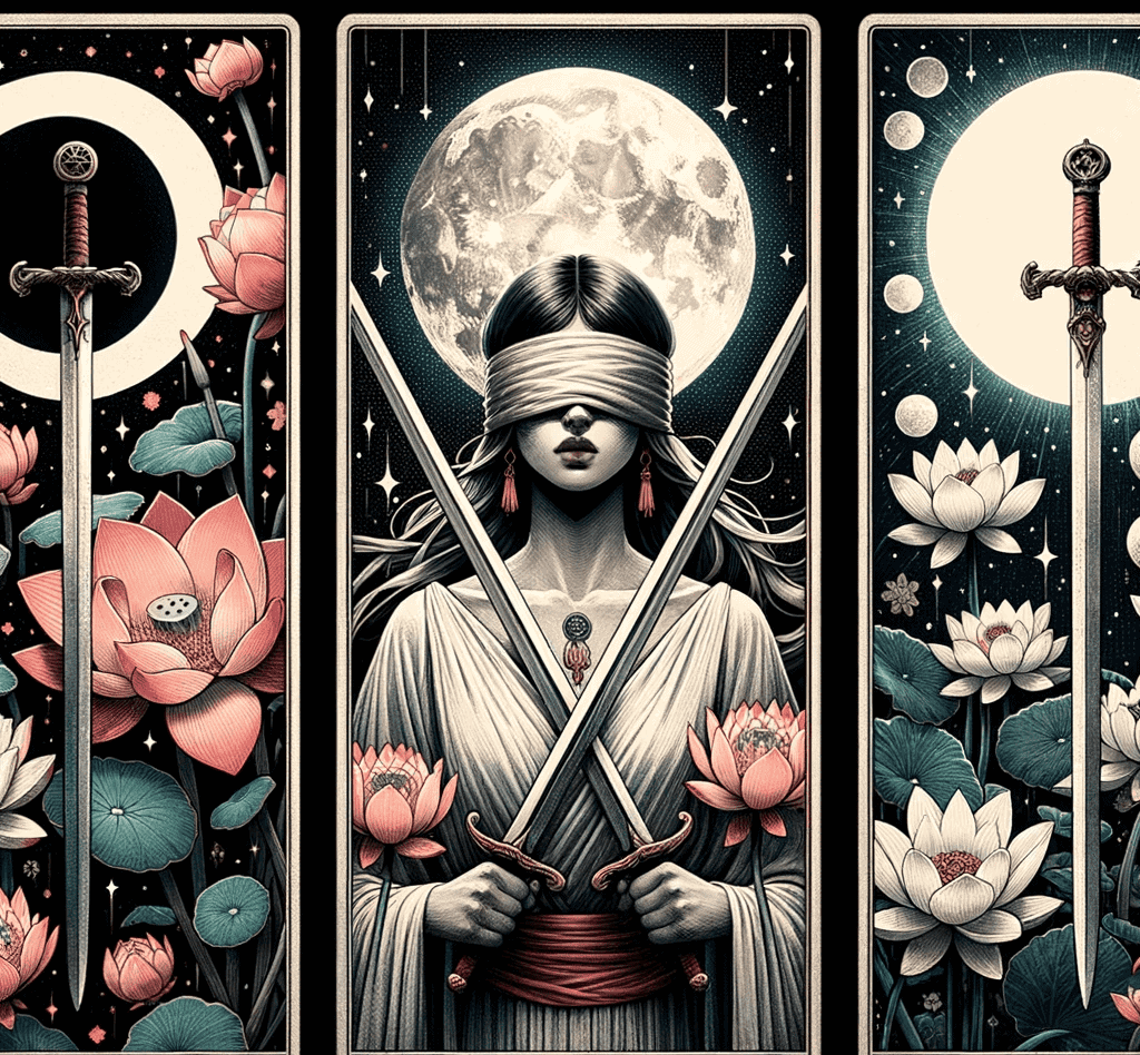 Triptych art piece of the Two of Swords from different tarot decks. The leftmost panel portrays the Rider-Waite's blindfolded woman with two swords, denoting impartiality. The middle panel represents the Thoth Tarot with two crossed swords amidst lotus flowers, emphasizing peace. The rightmost panel captures the Wild Unknown's theme with two swords against a moonlit backdrop, signifying tension and stalemate.