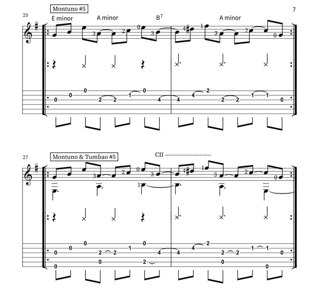 Montuno and Montuno with tumbao, page 7 with TAB chords E min, Am, B7, Amin, 2-3 mambo clave