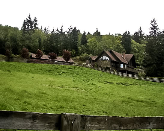 Brown A-frame home over green pasture on Fidalgo Island in Anacortes Washington