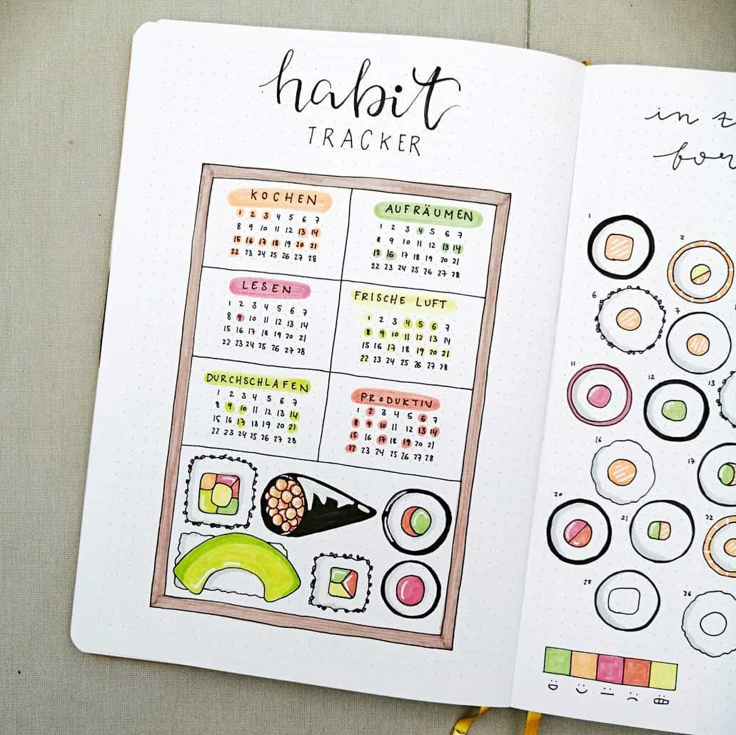 sushi themed habit tracker page in bullet journal
