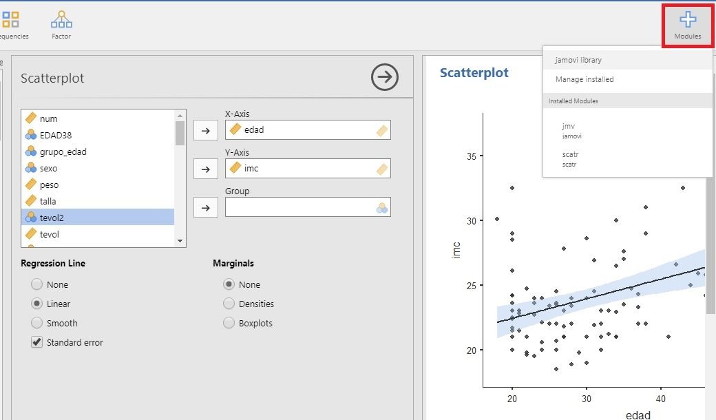 Añadir módulo Scatterplot en Jamovi