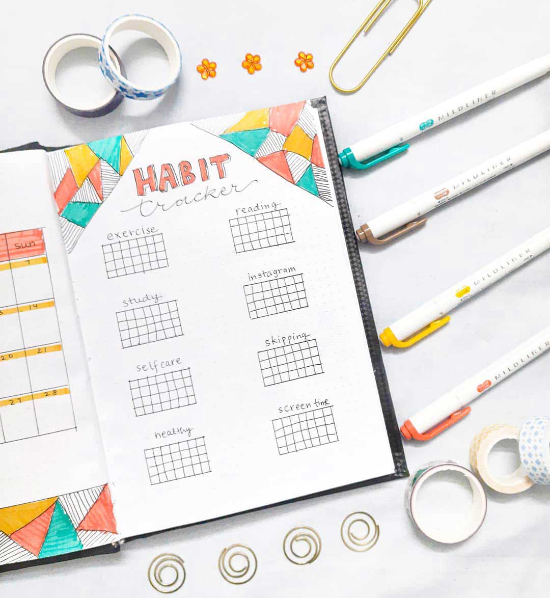 simple and colourful bullet journal tracker page