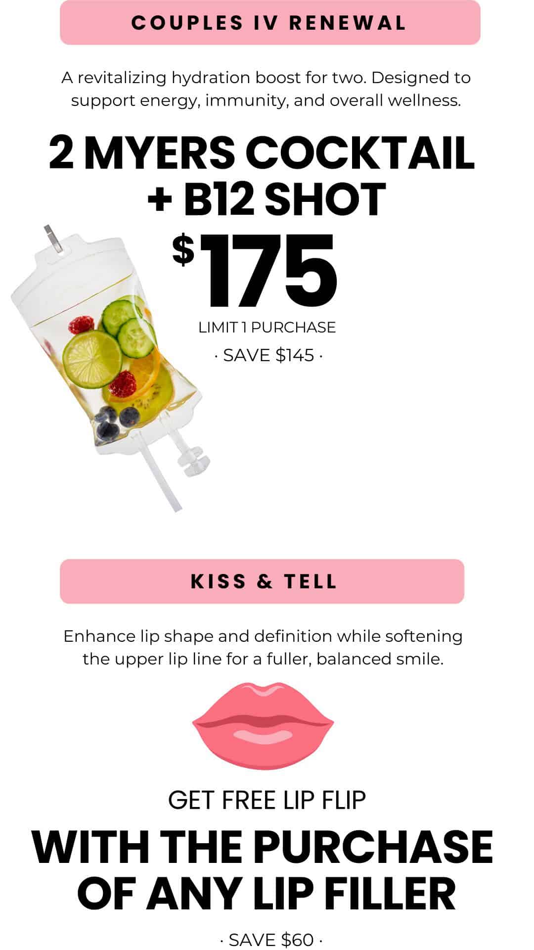 Couples IV Therapy Special – Myers Cocktail and B12 | Rancho Cucamonga Couples IV renewal special at Gemini Plastic Surgery including two Myers Cocktail IVs and a B12 injection to support hydration, energy, and wellness.