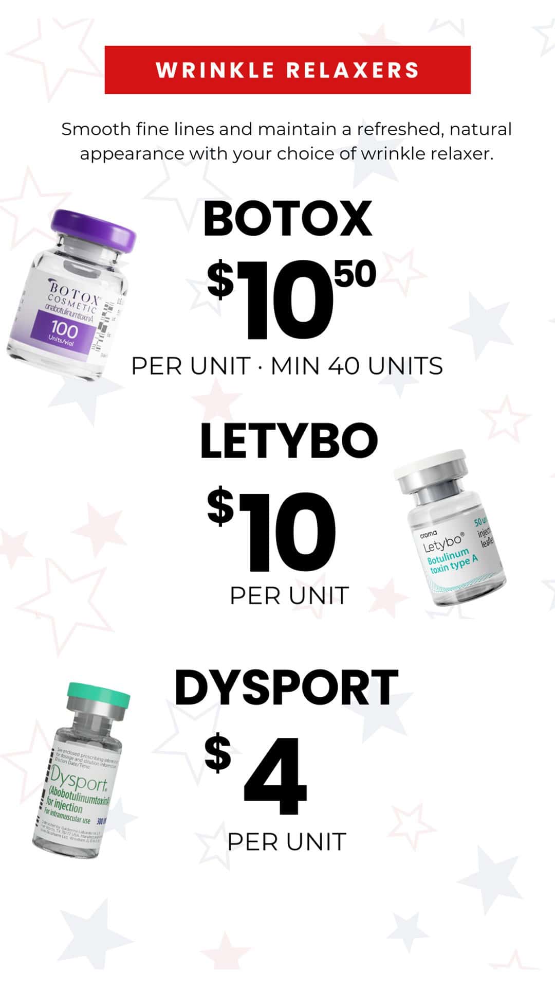 Botox, Letybo and Dysport Specials | Rancho Cucamonga Inland Empire July wrinkle relaxer specials at Gemini Plastic Surgery featuring Botox, Letybo, and Dysport pricing in Rancho Cucamonga.