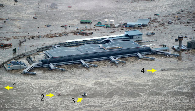 Von Karman vortices in tsunami flows at Sendai airport.