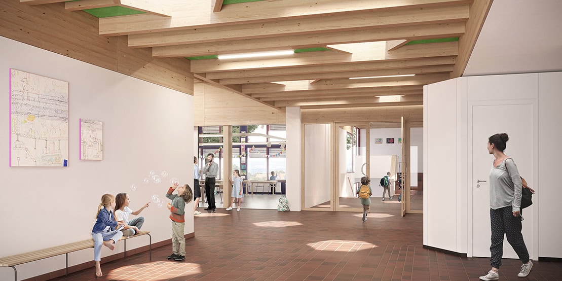 Render, Holzbau, Architektur, Grundschule, Nachhaltigkeit, Bauen, Umbau, Sanierung, Innenraum, Gestaltung, Oberlicht, Rendering