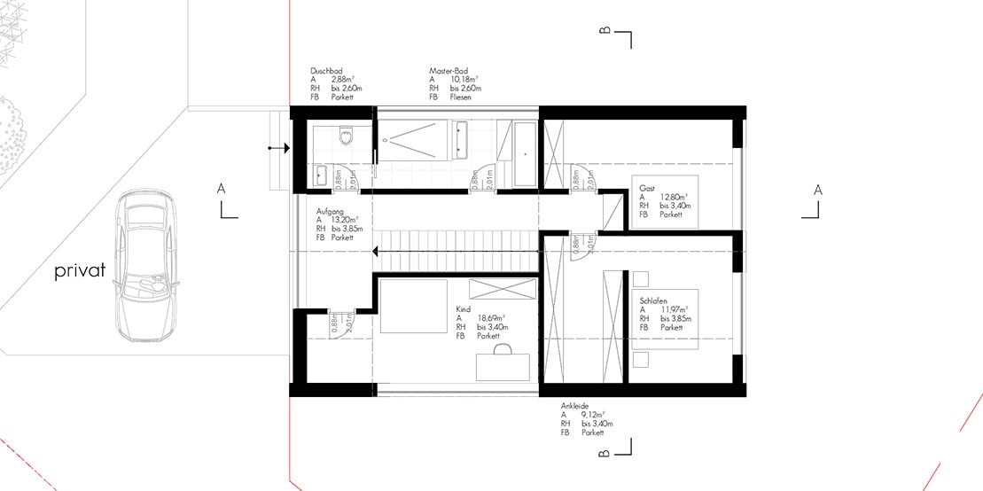 Architektur, Mauerwerk, Neubau, Einfamilienhaus, Bau, Grundriss, Obergeschoss, Planzeichnung, Plan