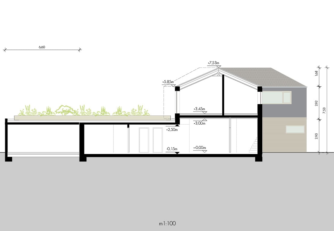 Holzbau, Architektur, Nachhaltigkeit, Bauen, Neubau, Einfamilienhaus, Zeichnung, Planzeichnung, Schnitt