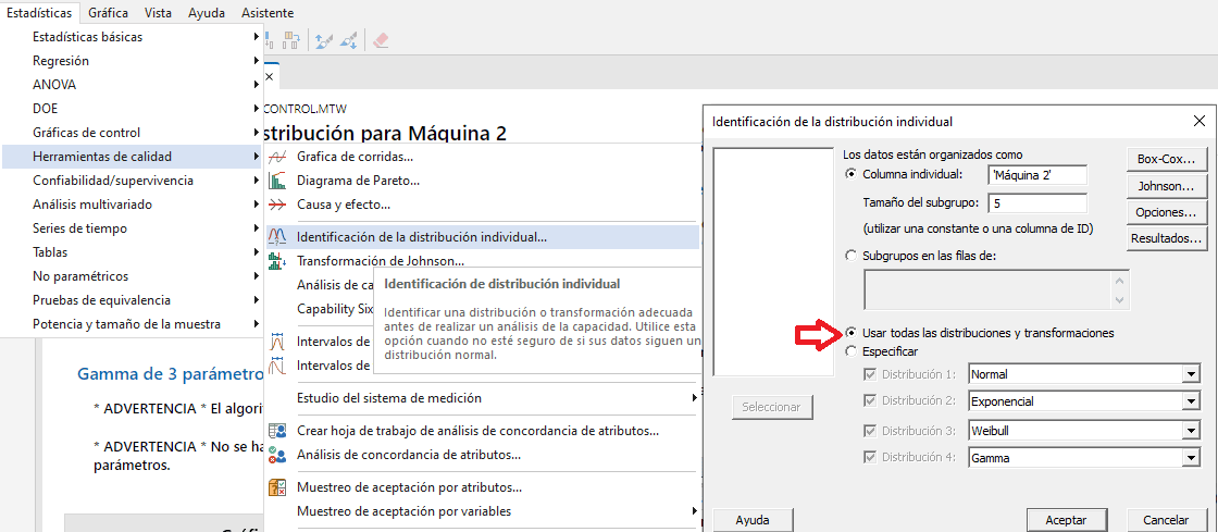 identificación distribución individual en Minitab