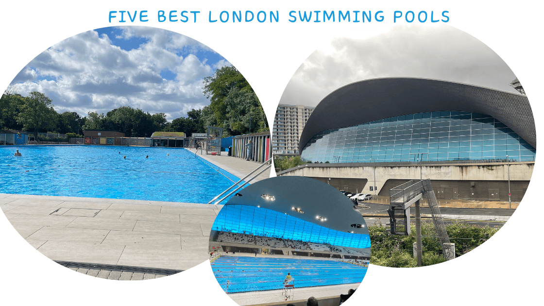 three photos of Tooting bec Lido in southwest London and London aquatics centre