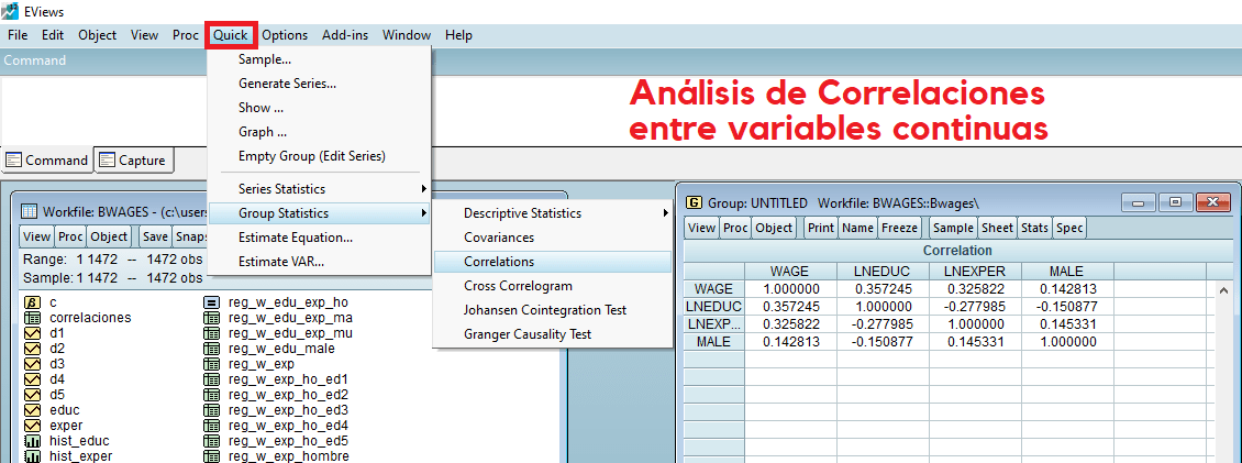 Correlaciones en EVIEWS