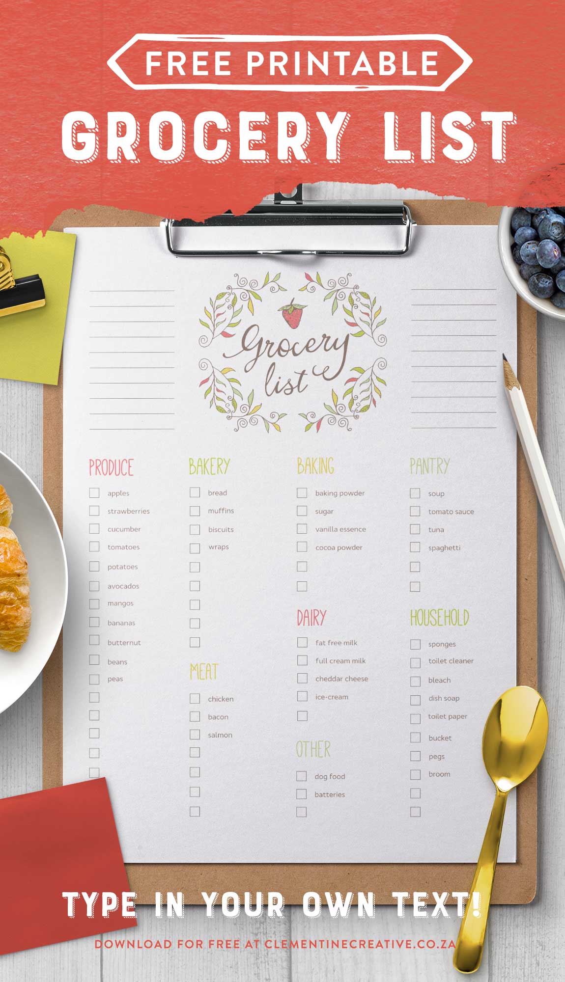 Free printable editable grocery list with text boxes you can type your own text in. Click here to download and print!