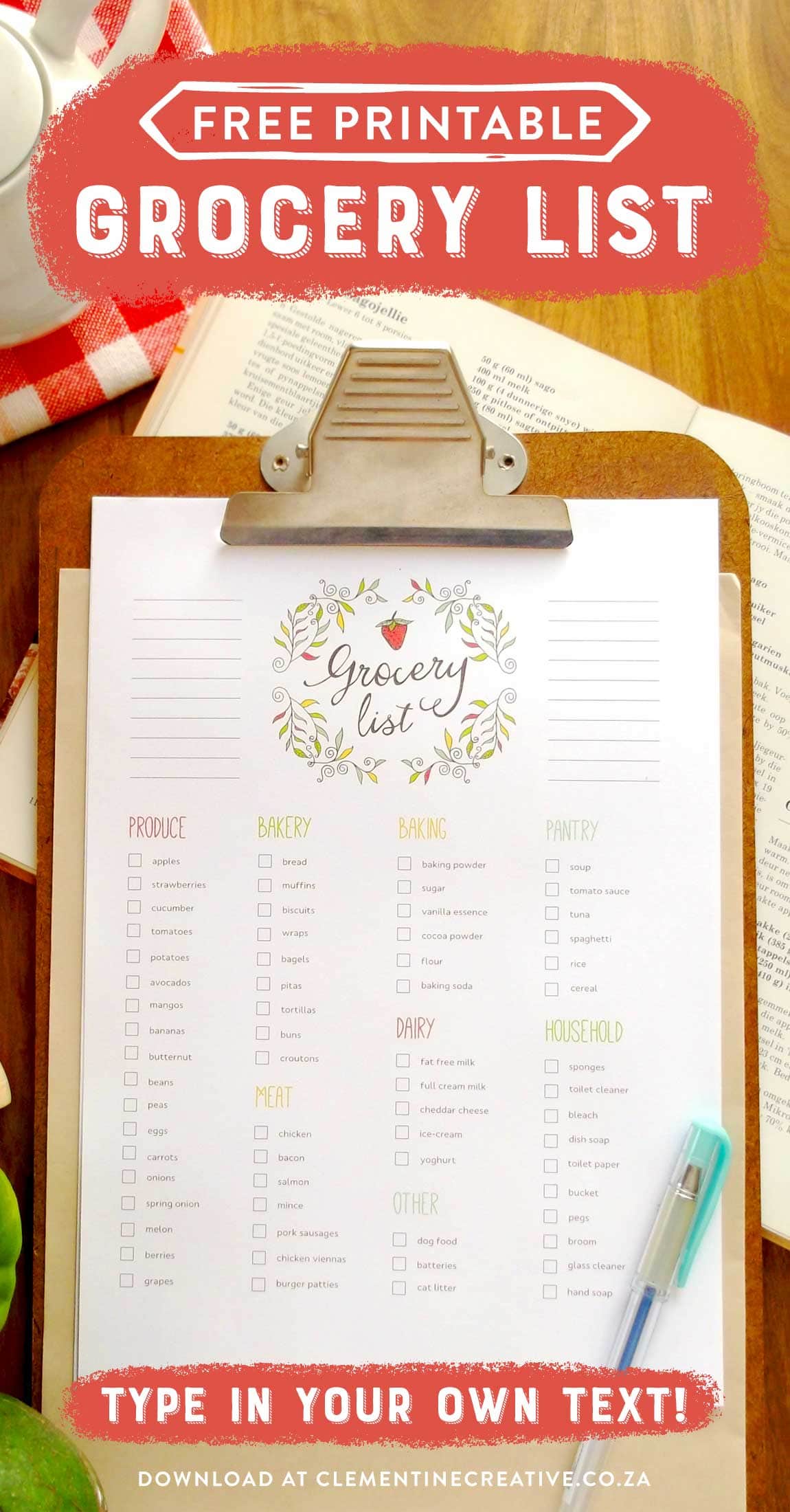 Free printable editable grocery list with text boxes you can type your own text in. Click here to download and print!