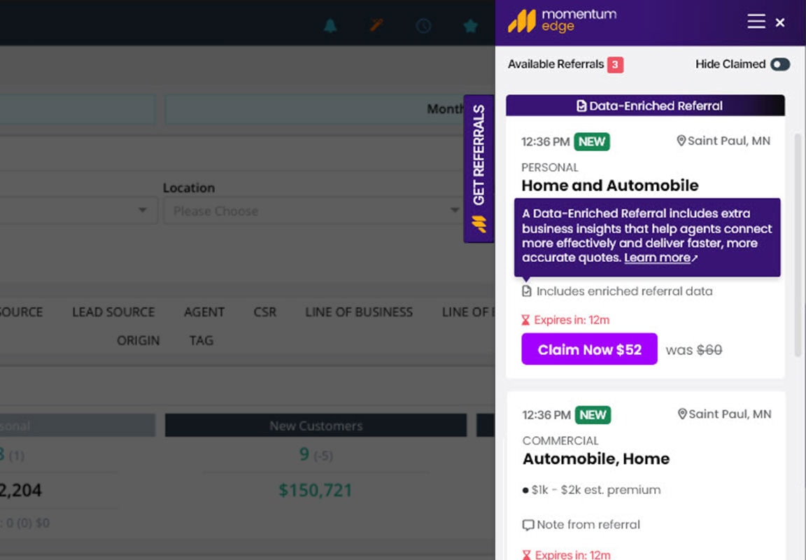 Data enriched insurance referrals within Momentum AMS
