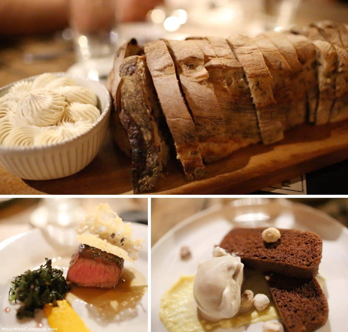 fresh bread, steak and dessert