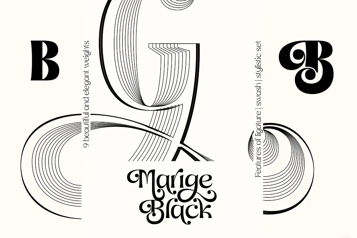 Marige display typeface is a family of 9 weights that make it easy to create visual typography designs ranging from thin to black