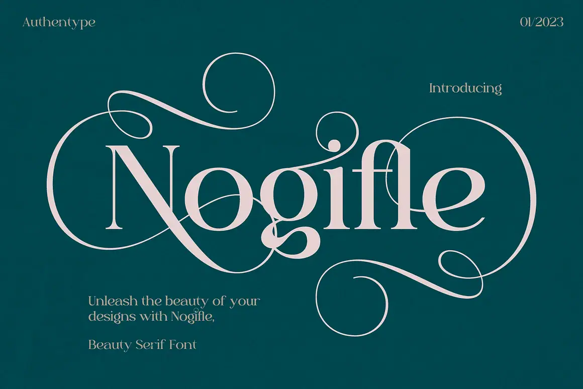 Nogifle Beauty Serif Font a stunning serif font featuring an abundance of ligatures and rich alternatives.