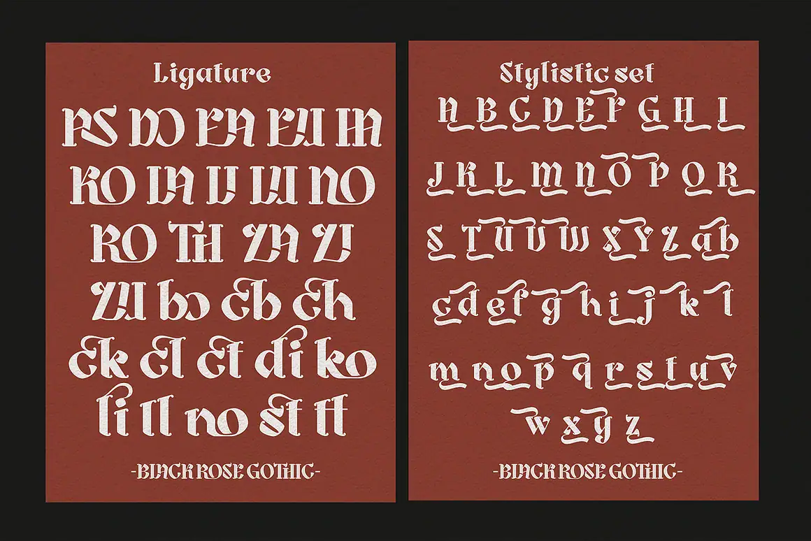 Black Rose Gothic Font is a refined gothic serif font that seamlessly blends dark elegance with a vintage allure.
