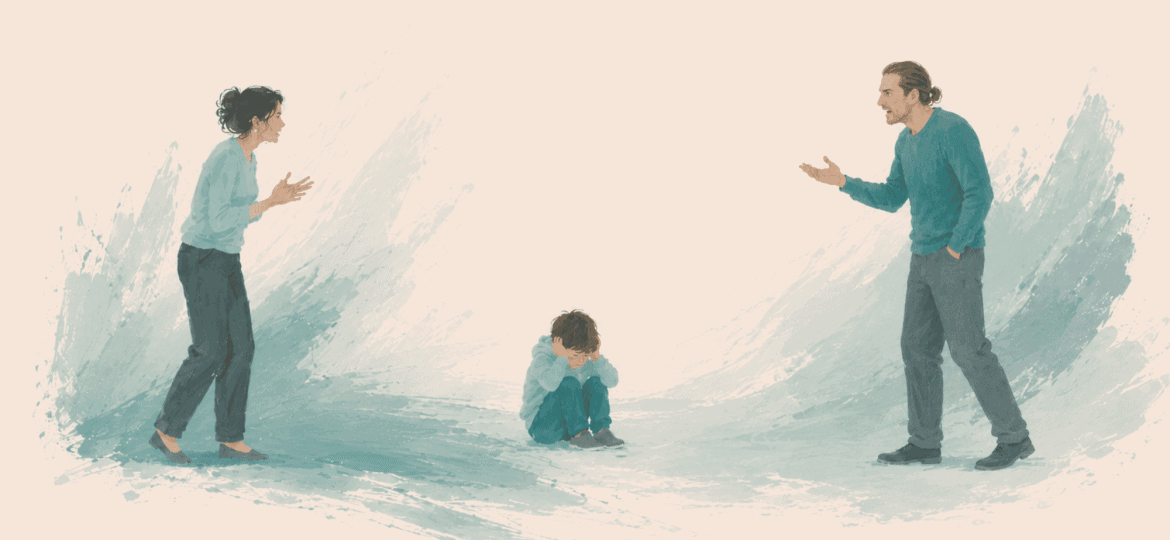 Ein Paar streiten sich in dieser Illustration vor dem Kind
