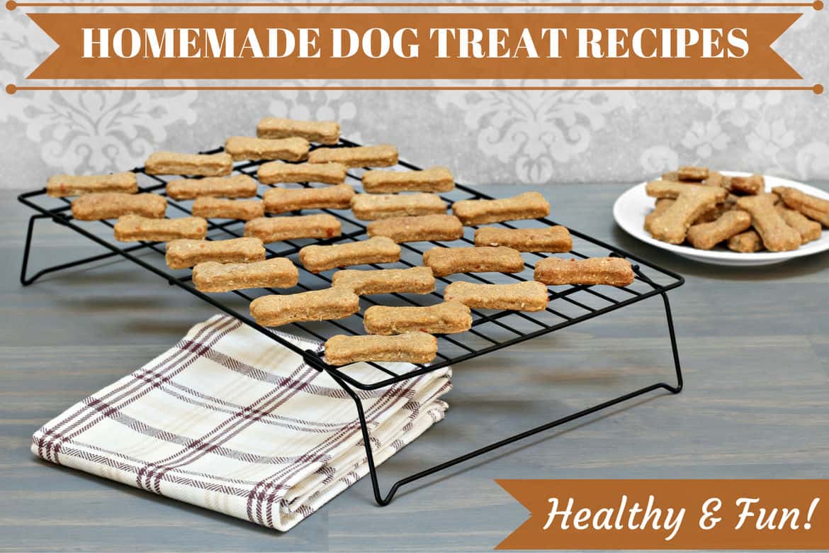 A rack of healthy and easy homemade dog treat recipes above a tea towel on a kitchen counter