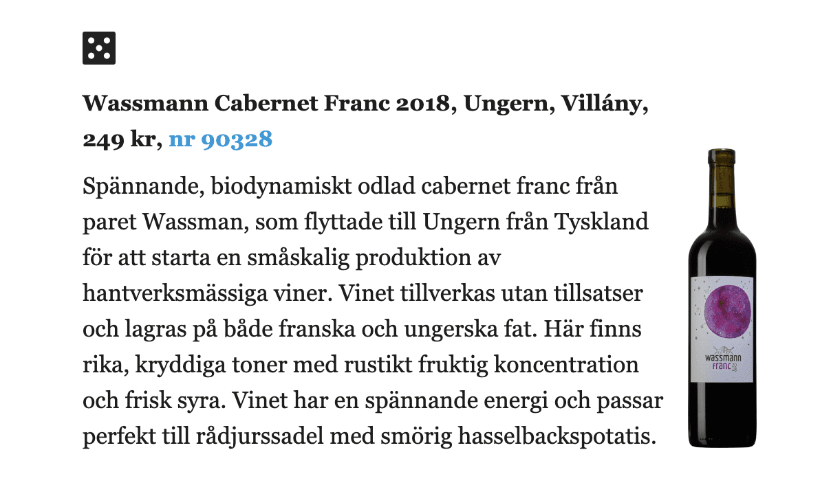 SvD Vin & Mat Wassmann Cabernet Franc, Linda Pérez Redaktör recension