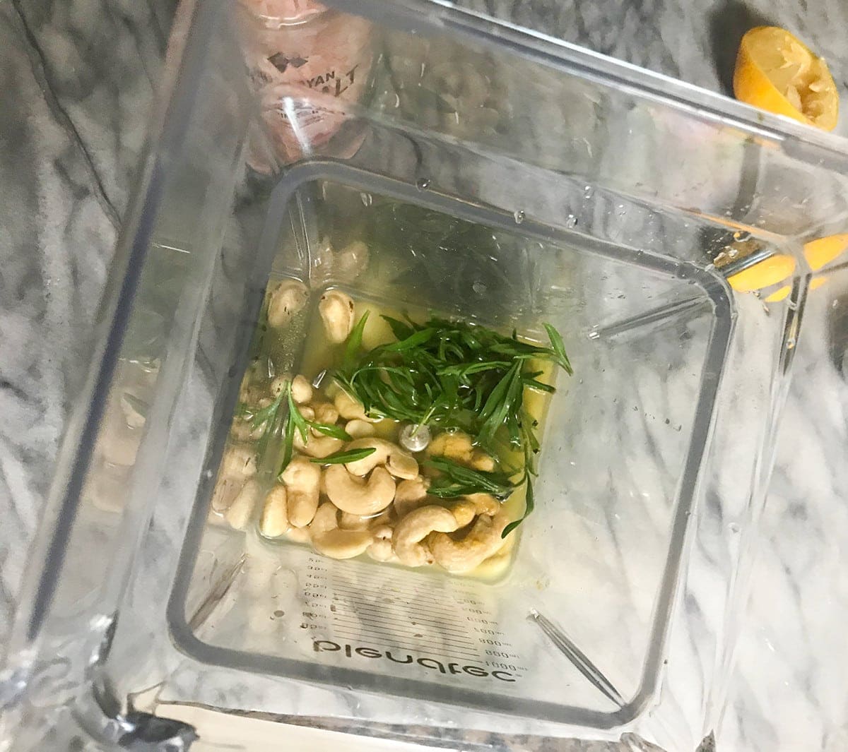 ingredients in the blender for tarragon dressing