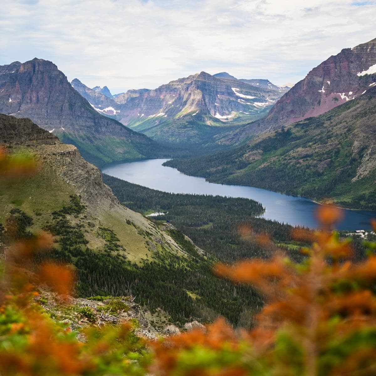 mountain and lake view from the trail to Scenic Point in Glacier National Park
