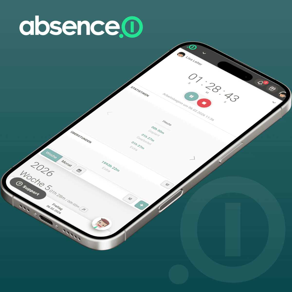 Die Zeiterfassungs-App von absence.io auf einem iPhone. Zu sehen ist eine laufende Stoppuhr zur Arbeitszeiterfassung.