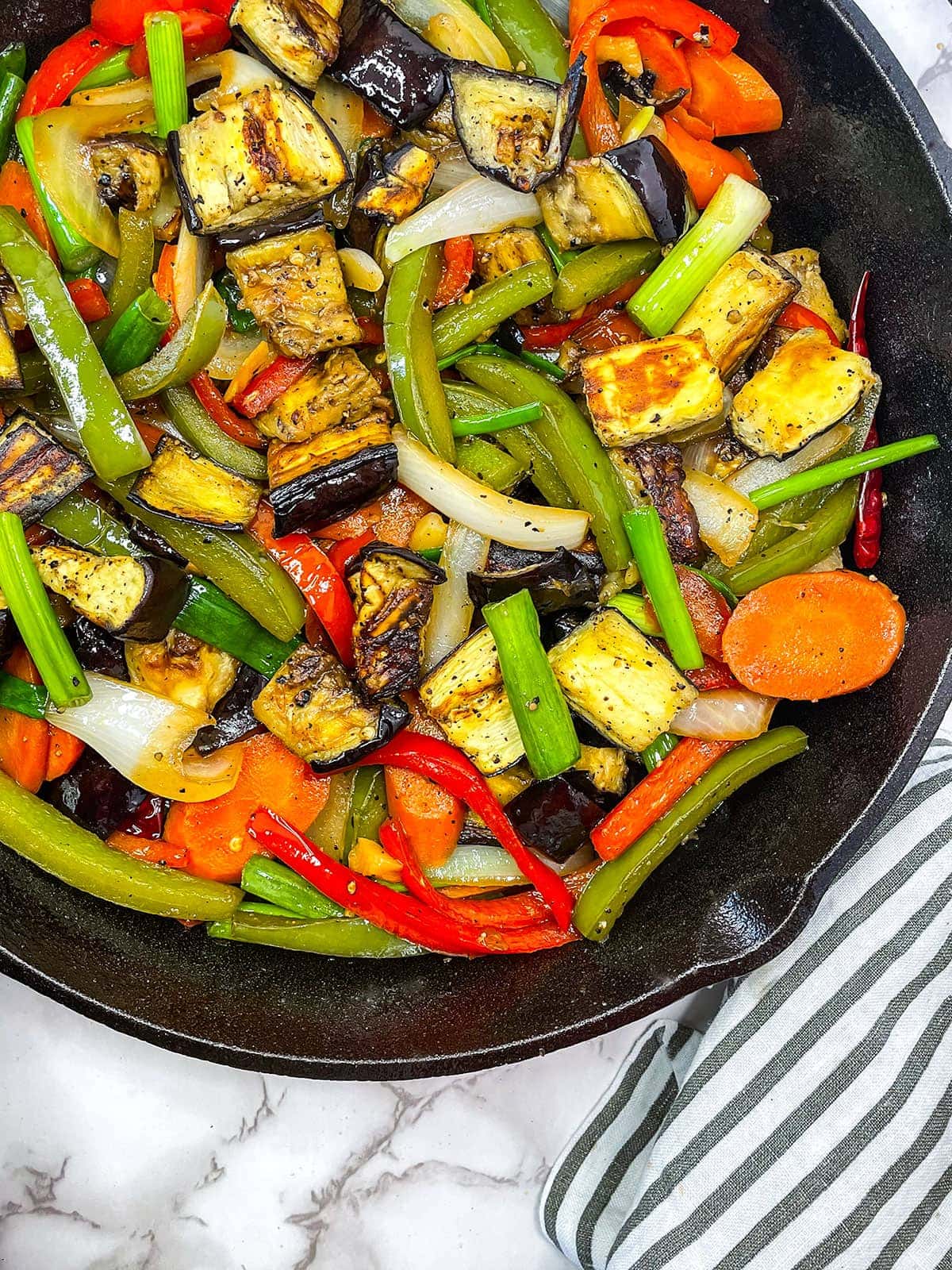 eggplant stir fry in a skillet