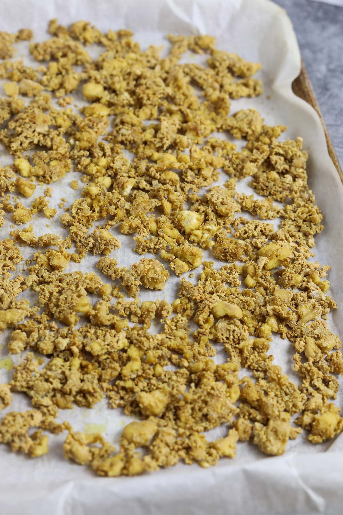finished tofu crumbles on sheet pan