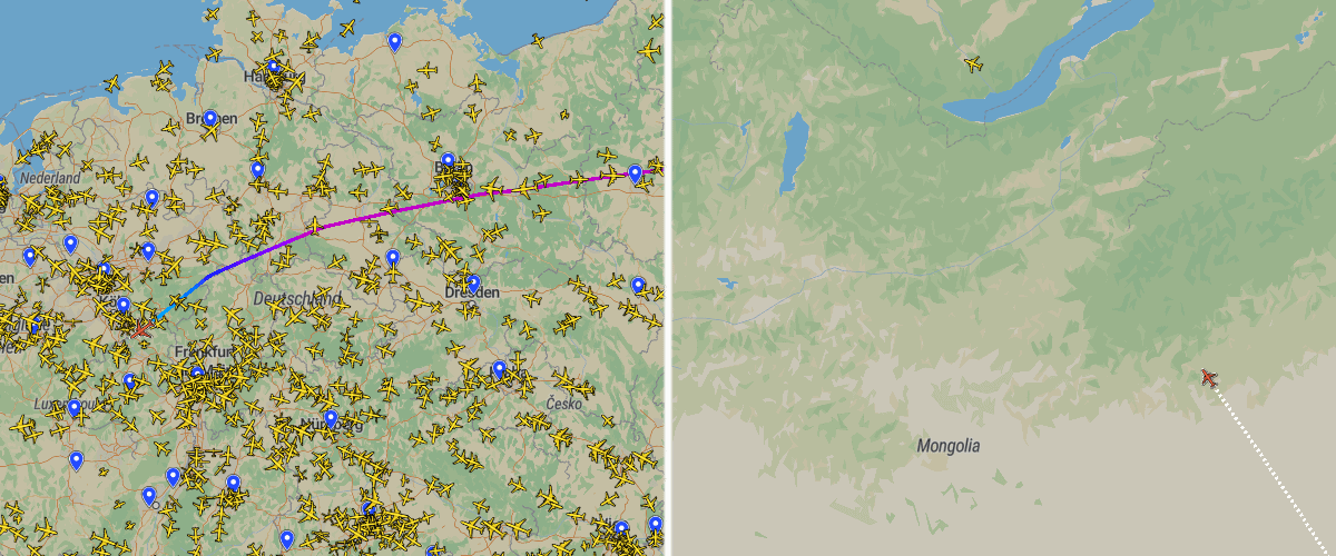 Große Unterschiede im Flugverkehr werden über Plane Finder sichtbar: Der Flugradar zeigt zahlreiche Flüge über Deutschland an, nur wenige jedoch über der Mongolei.