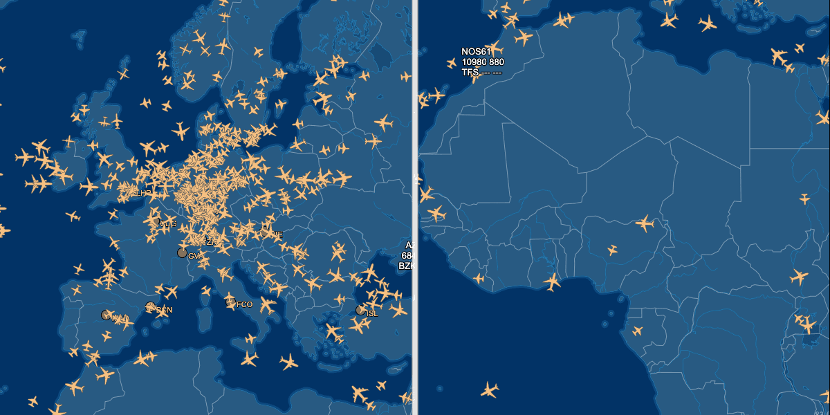 A comparison of air traffic with the flight tracker: air traffic in Europe is significantly higher than in Africa.