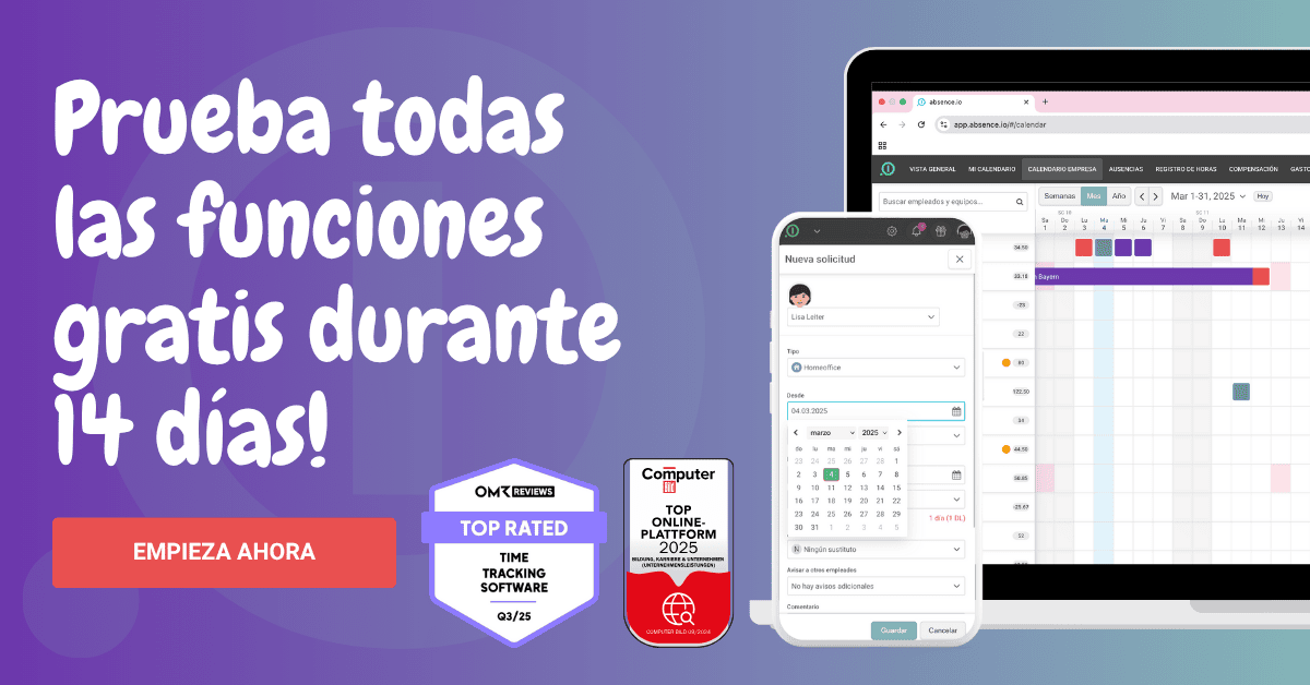En el banner se muestra la gestión digital de ausencias y vacaciones de absence.io en un ordenador portátil y un smartphone. Al lado aparece el mensaje de que se pueden probar todas las funciones de absence.io gratis durante 14 días.