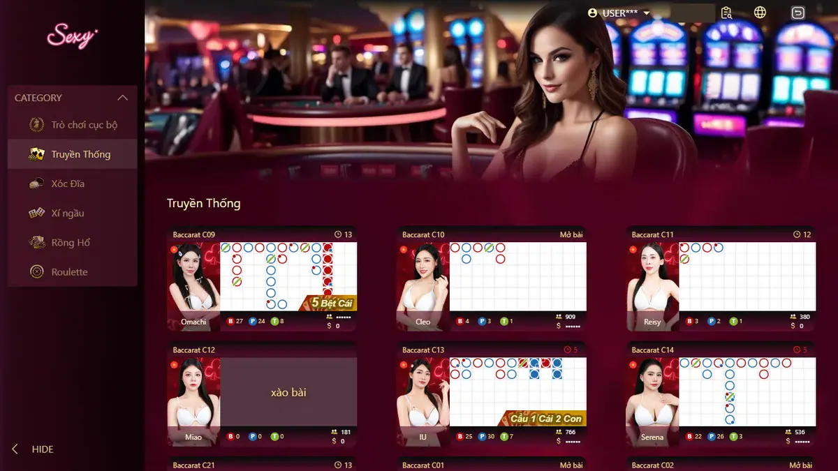 Bo88 Casino: 18 sảnh live, bàn nào hợp với ai và cách vào bàn từng bước 5 Sảnh SexyGaming trong Bo88 Casino, mục Truyền Thống với các bàn Baccarat C09 đến C14 và tên người chia bài