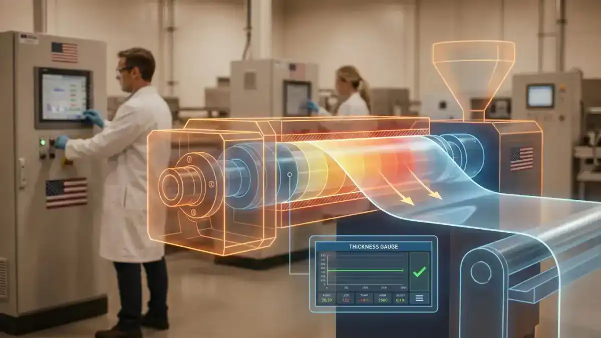 Advanced multi-zone temperature control system monitoring the extrusion process of performance plastic sheets.