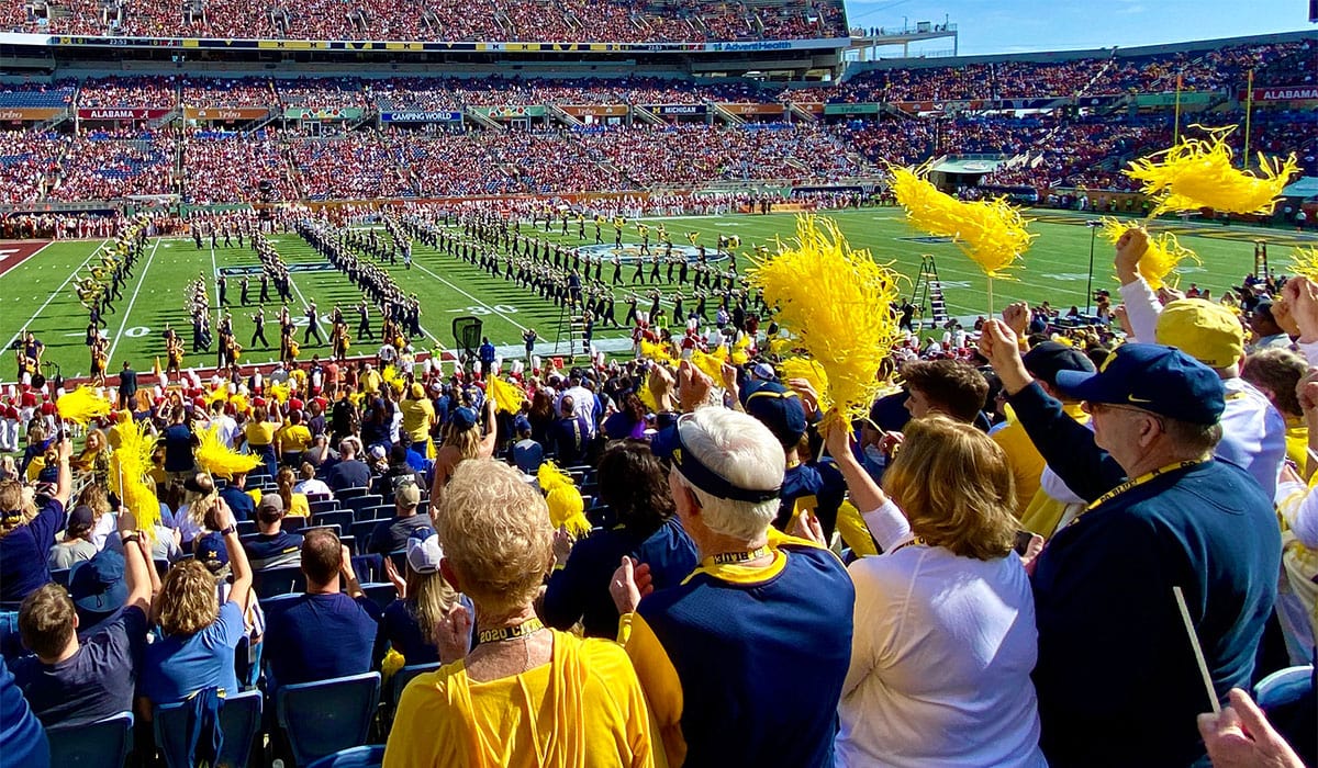 Michigan football fans look on as the Wolverines play Alabama in the 2020 Citrus Bowl at Camping World Stadium in Orlando