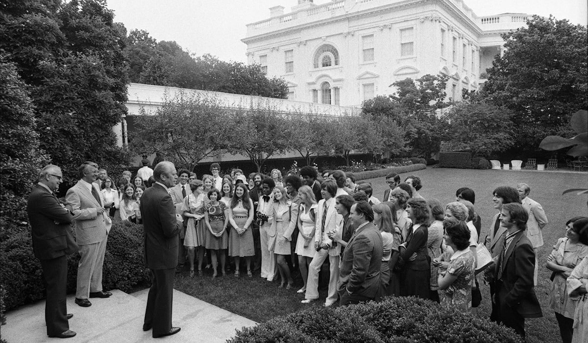 Gerald R. Ford, ’35, welcoming the U-M Public Service Intern Program