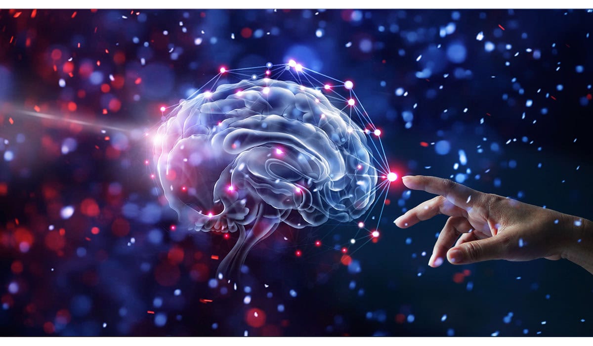 Hand Touching Brain And Network Connection On Glitter Bright Lights Colorful Background