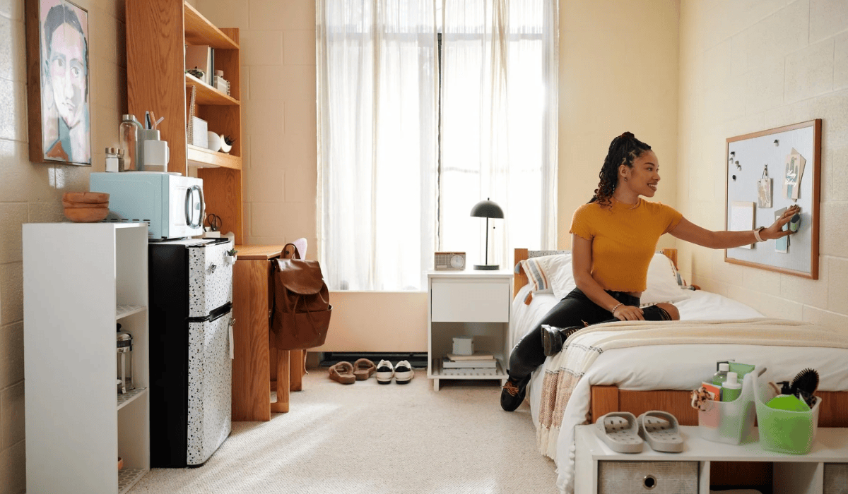 Student in a dorm room